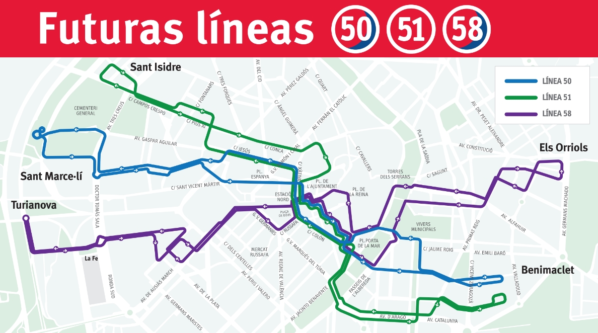 Trazado de las futuras líneas de la EMT 50, 51 y 58