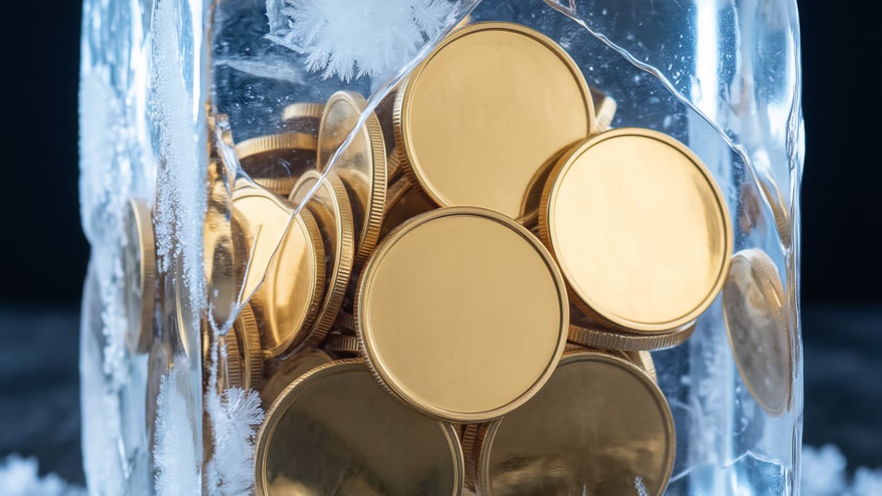Ilustración: monedas doradas atrapadas en un bloque de hielo