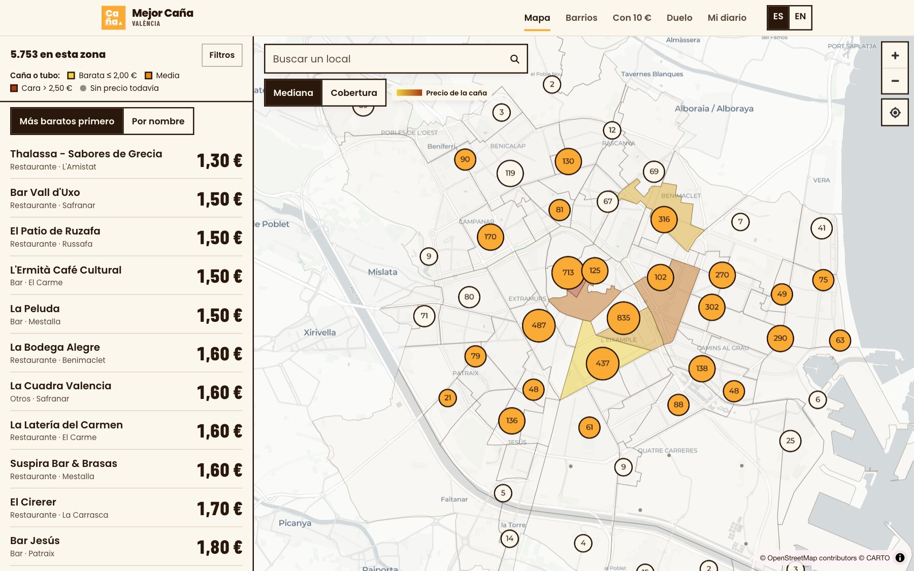 Mapa de València con los locales agrupados por zona, los barrios coloreados y la lista de los más baratos de la zona