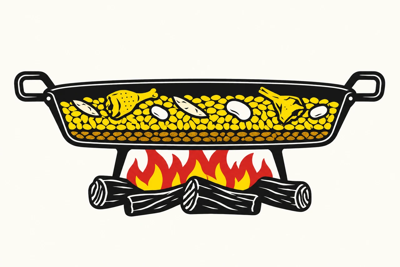 Ilustración en sección de una paella al fuego: bajo el arroz amarillo se distingue la capa tostada del socarrat