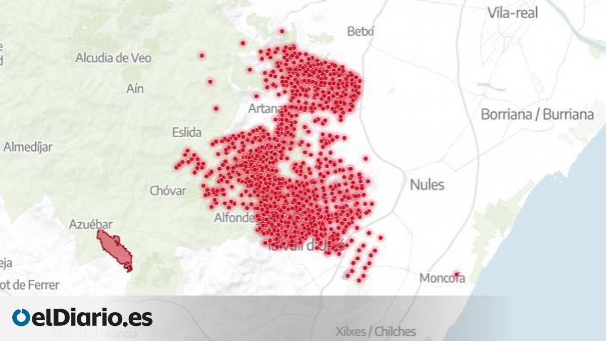 Mapa del incendio forestal de la Vall d'Uixó junto al parque natural de la Serra d'Espadà